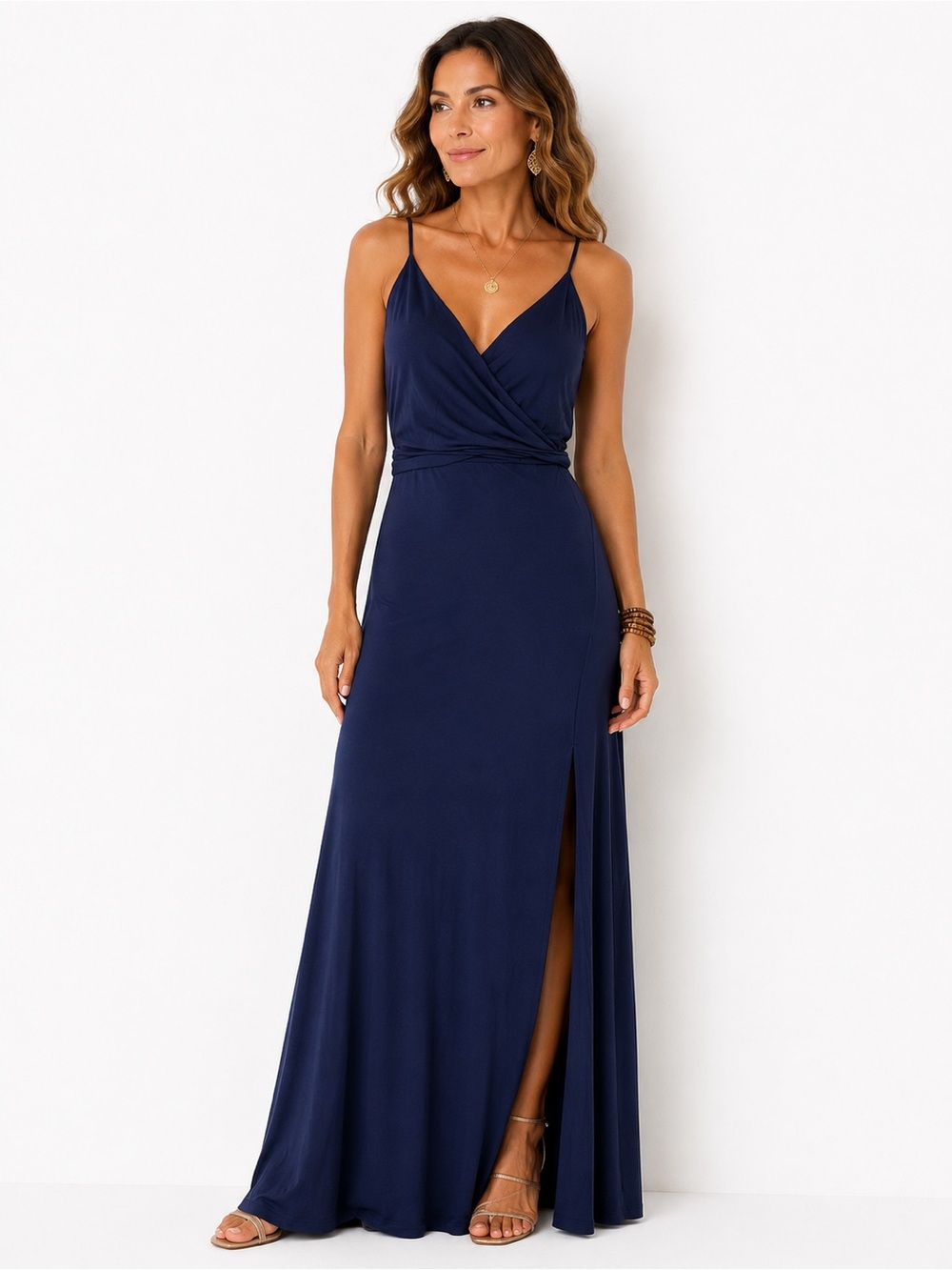 Windsor navy blue sleeveless maxi dress featuring a surplice V-neckline s1